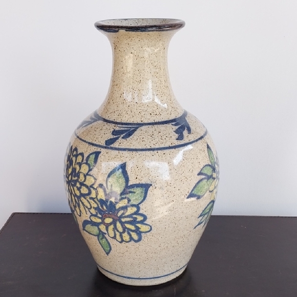 VTG Lopez Pottery Speckled with Blue Yellow Floral Glaze Vase Signed - Picture 4 of 8